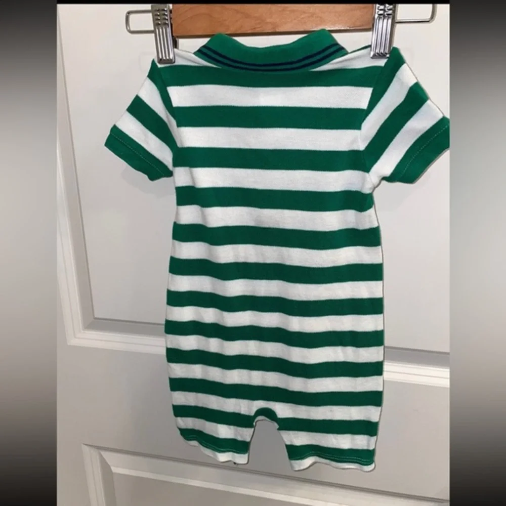 Ralph Lauren Striped Pony Logo‎ One Piece Cotton Romper Green White Baby 9 Month